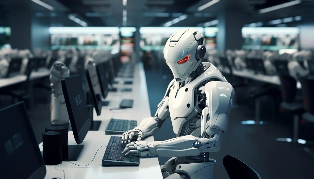 Robot typing on a keyboard with futuristic background
