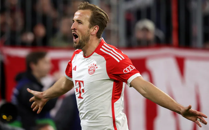 Harry Kane celebrating after scoring a goal for Bayern Munich.